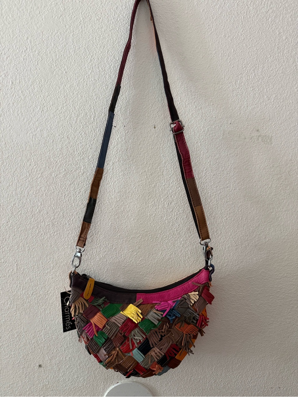 Multicolor Woven Leather Crossbody Bag with Pink Trim